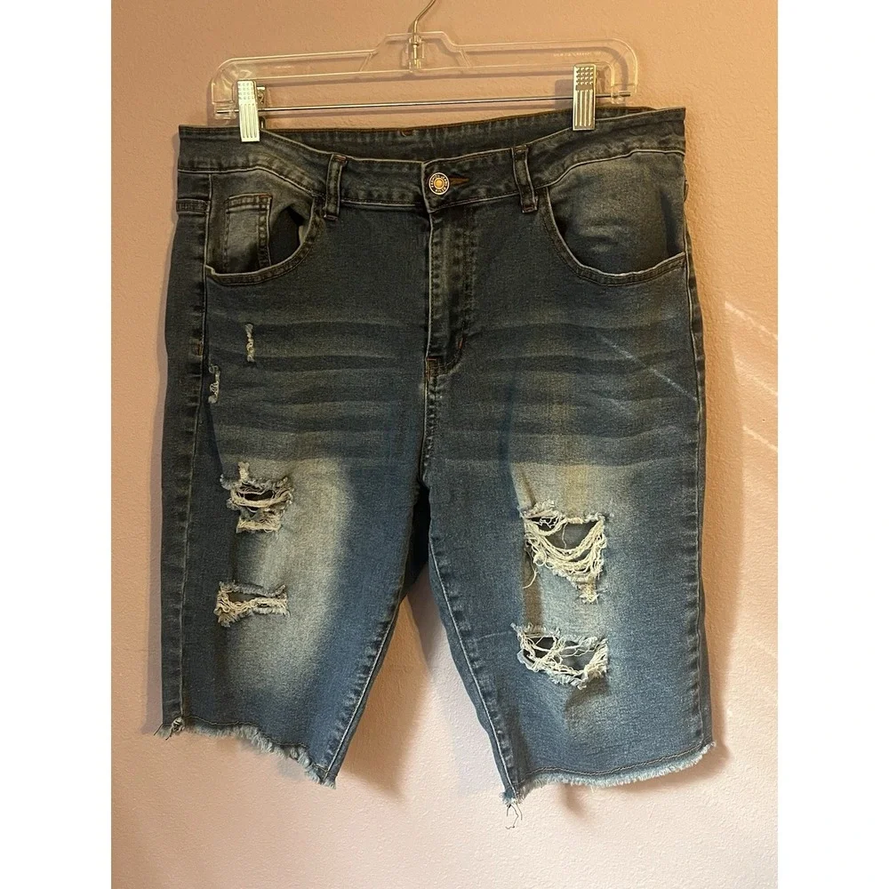 Distressed Denim Long Bermuda Shorts Size XL